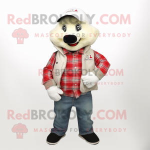 White Cod mascot costume character dressed with a Flannel Shirt and Lapel pins