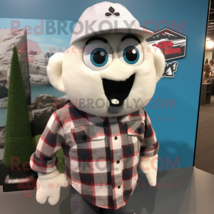 White Cod mascot costume character dressed with a Flannel Shirt and Lapel pins