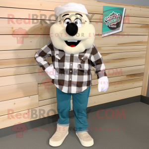 White Cod mascot costume character dressed with a Flannel Shirt and Lapel pins