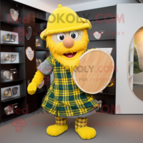 Yellow Celtic Shield mascot costume character dressed with a Flannel Shirt and Caps