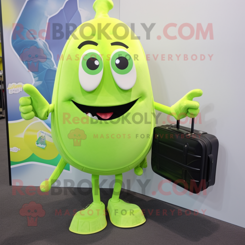 Lime Green Ray mascot costume character dressed with a Graphic Tee and Briefcases