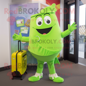 Lime Green Ray mascot costume character dressed with a Graphic Tee and Briefcases