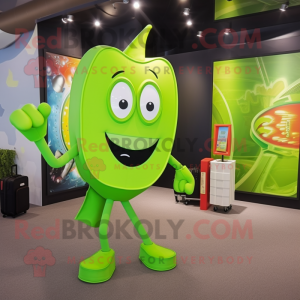 Lime Green Ray mascot costume character dressed with a Graphic Tee and Briefcases