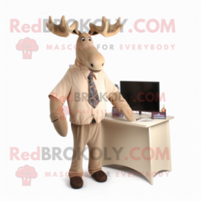 Tan Moose mascot costume character dressed with a Suit and Earrings