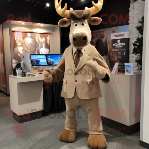 Tan Moose mascot costume character dressed with a Suit and Earrings
