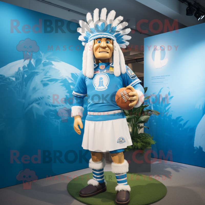 Sky Blue Chief mascot costume character dressed with a Rugby Shirt and Belts