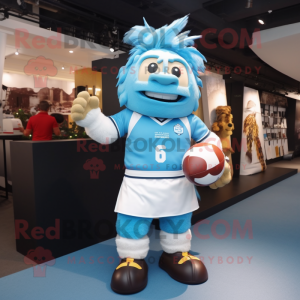 Sky Blue Chief mascot costume character dressed with a Rugby Shirt and Belts