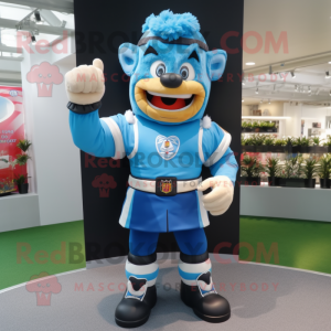 Sky Blue Chief mascot costume character dressed with a Rugby Shirt and Belts