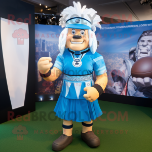 Sky Blue Chief mascot costume character dressed with a Rugby Shirt and Belts