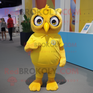 Yellow Owl mascot costume character dressed with a Polo Tee and Lapel pins