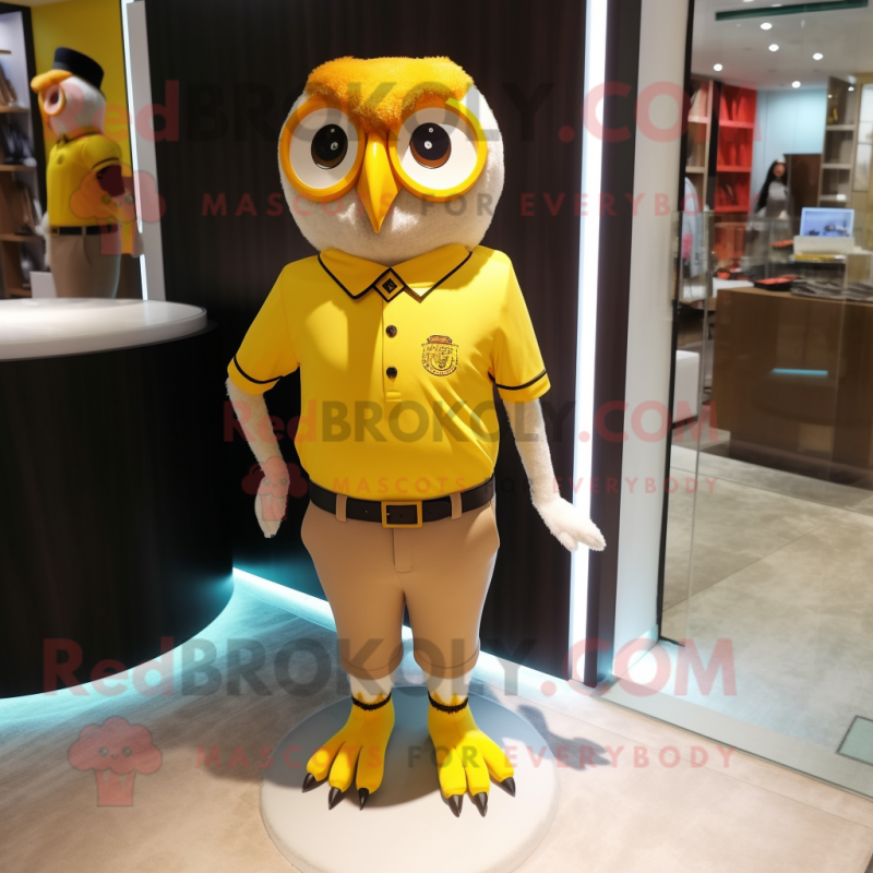 Yellow Owl mascot costume character dressed with a Polo Tee and Lapel pins