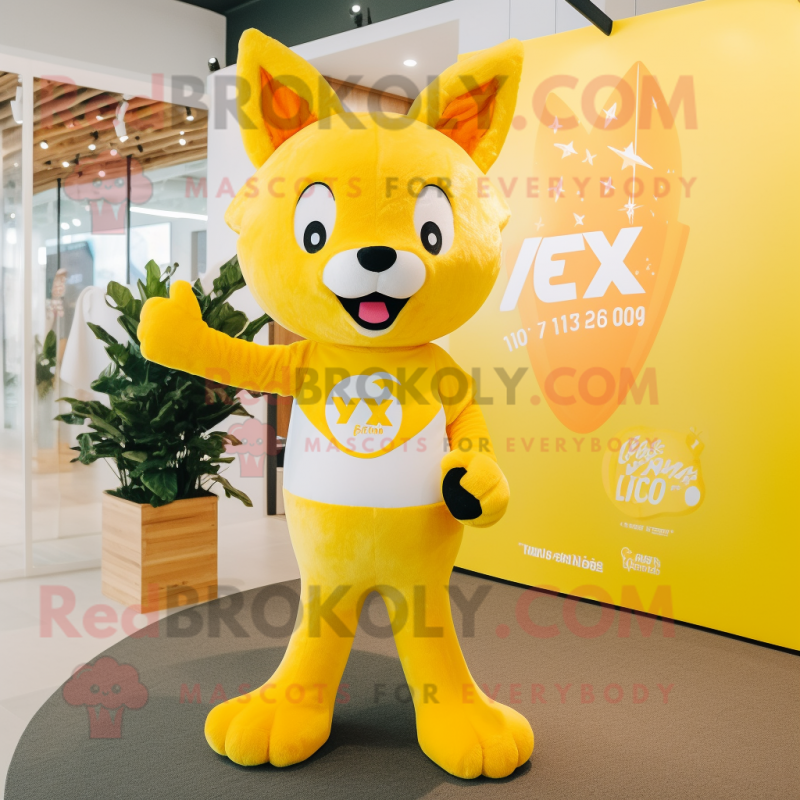 Lemon Yellow Fox mascot costume character dressed with a V-Neck Tee and Hairpins