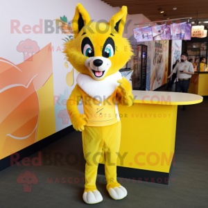 Lemon Yellow Fox mascot costume character dressed with a V-Neck Tee and Hairpins