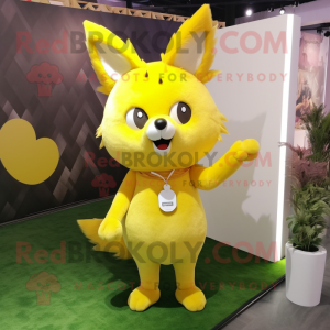 Lemon Yellow Fox mascot costume character dressed with a V-Neck Tee and Hairpins