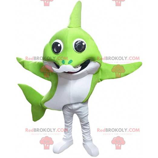 Green and white shark mascot with a white mustache -