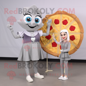 Gray Pizza Slice mascot costume character dressed with a Mini Skirt and Bracelet watches