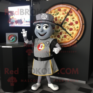 Gray Pizza Slice mascot costume character dressed with a Mini Skirt and Bracelet watches