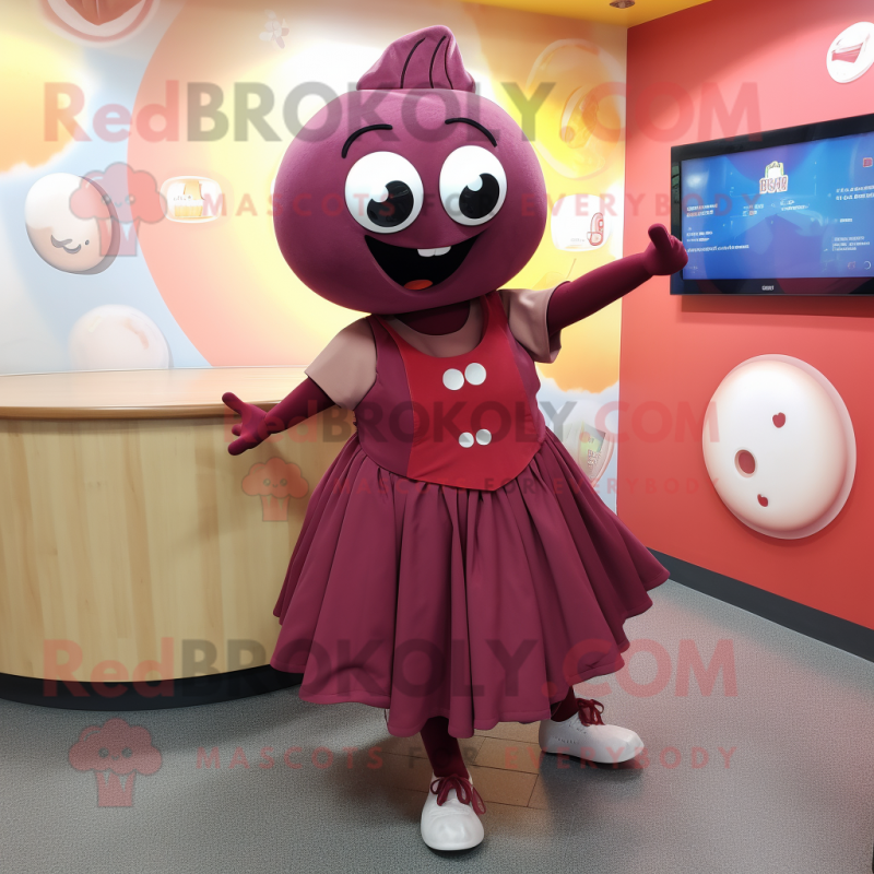 Maroon Plum mascot costume character dressed with a Circle Skirt and Anklets