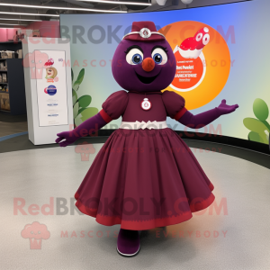 Maroon Plum mascot costume character dressed with a Circle Skirt and Anklets