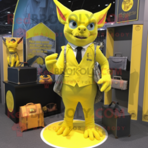 Lemon Yellow Gargoyle mascot costume character dressed with a Suit and Coin purses