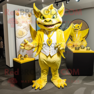 Lemon Yellow Gargoyle mascot costume character dressed with a Suit and Coin purses
