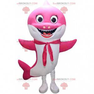 Mascote tubarão rosa e branco muito sorridente, fantasia de mar