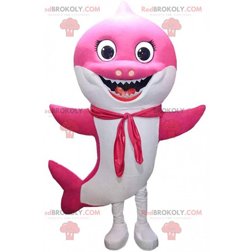 Mascotte squalo rosa e bianco molto sorridente, costume da mare