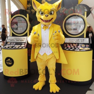 Lemon Yellow Gargoyle mascot costume character dressed with a Suit and Coin purses