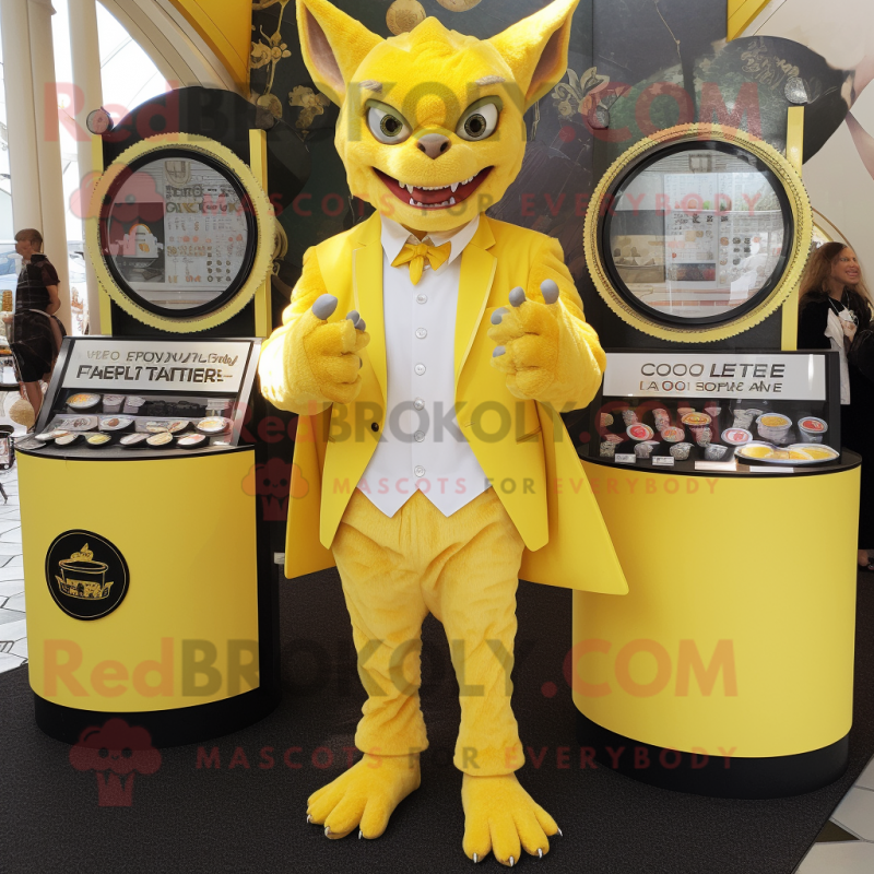 Lemon Yellow Gargoyle mascot costume character dressed with a Suit and Coin purses Lemon Yellow Gargoyle mascot costume character dressed with a Suit and Coin purses