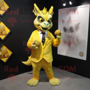 Lemon Yellow Gargoyle mascot costume character dressed with a Suit and Coin purses