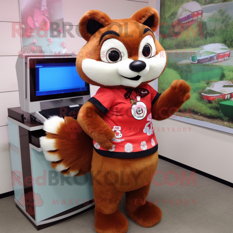 Brown Red Panda mascot costume character dressed with a A-Line Skirt and Digital watches