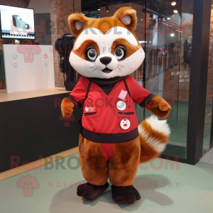 Brown Red Panda mascot costume character dressed with a A-Line Skirt and Digital watches
