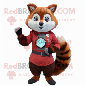 Brown Red Panda mascot costume character dressed with a A-Line Skirt and Digital watches