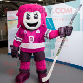 Magenta Ice Hockey Stick mascot costume character dressed with a Vest and Watches