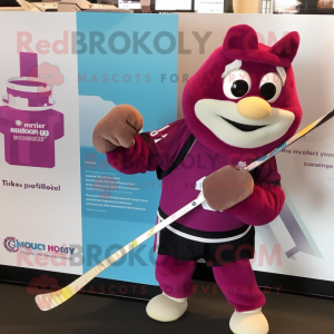 Magenta Ice Hockey Stick mascot costume character dressed with a Vest and Watches