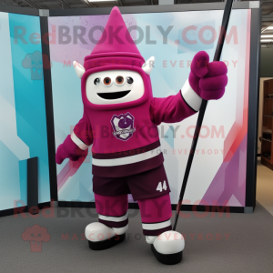 Magenta Ice Hockey Stick mascot costume character dressed with a Vest and Watches