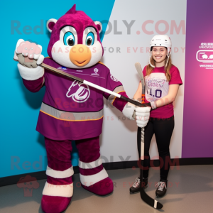 Magenta Ice Hockey Stick mascot costume character dressed with a Vest and Watches