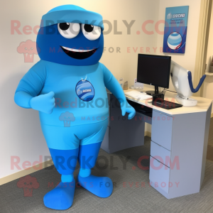 Blue Computer mascot costume character dressed with a Capri Pants and Shoe clips