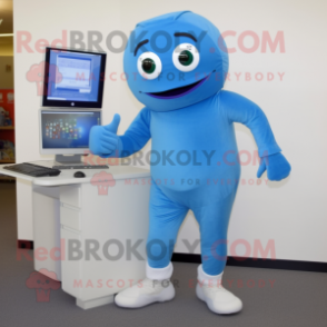 Blue Computer mascot costume character dressed with a Capri Pants and Shoe clips