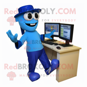 Blue Computer mascot costume character dressed with a Capri Pants and Shoe clips