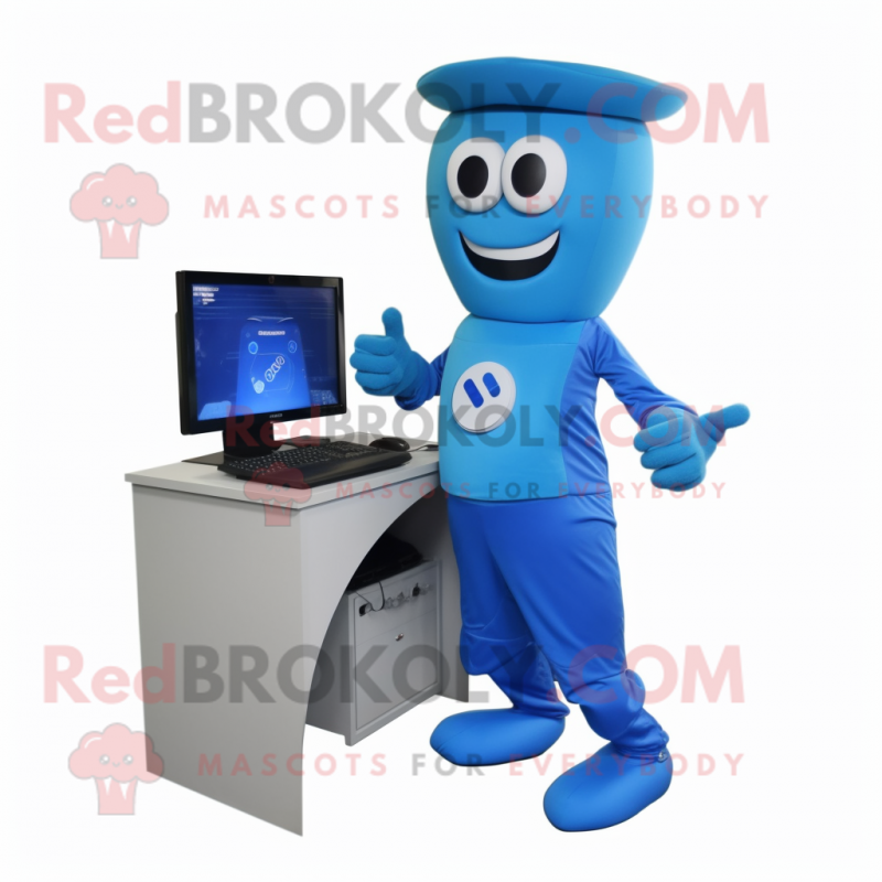 Blue Computer mascot costume character dressed with a Capri Pants and Shoe clips