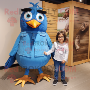 Blue Blackbird mascot costume character dressed with a Mom Jeans and Bracelet watches