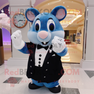 Blue Hamster mascot costume character dressed with a Tuxedo and Bracelet watches