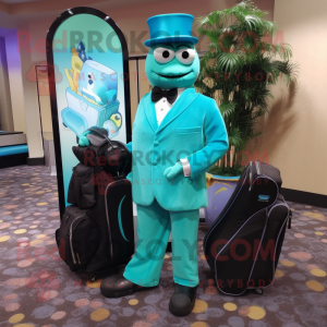 Turquoise Golf Bag mascot costume character dressed with a Tuxedo and Coin purses