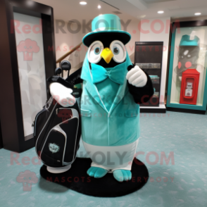 Turquoise Golf Bag mascot costume character dressed with a Tuxedo and Coin purses