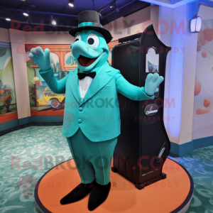 Turquoise Golf Bag mascot costume character dressed with a Tuxedo and Coin purses