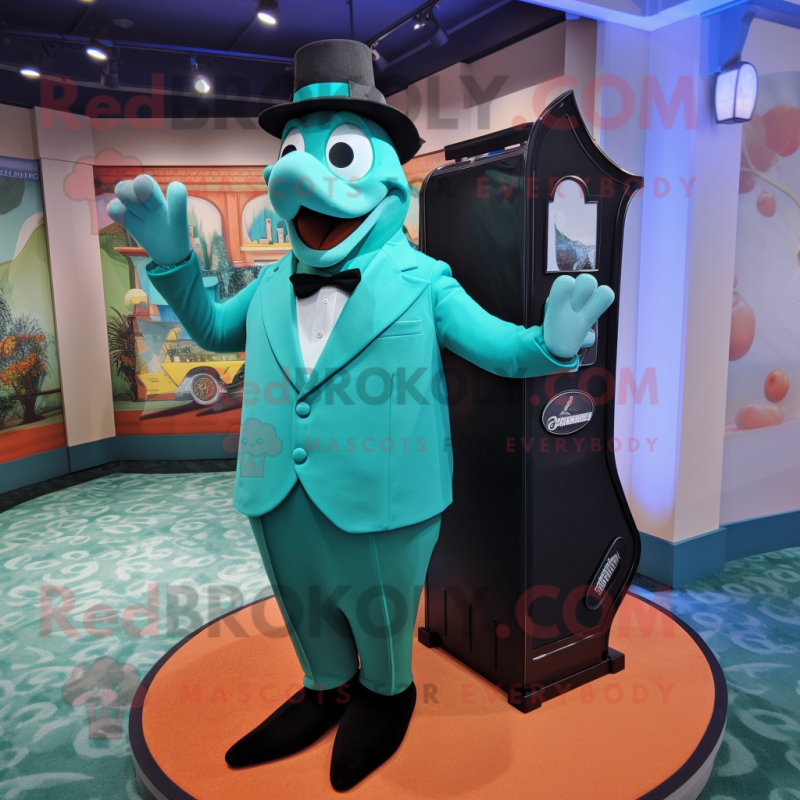 Turquoise Golf Bag mascot costume character dressed with a Tuxedo and Coin purses Turquoise Golf Bag mascot costume character dressed with a Tuxedo and Coin purses