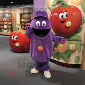 Purple Tomato mascot costume character dressed with a Cover-up and Coin purses