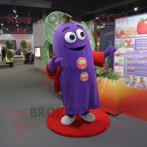 Purple Tomato mascot costume character dressed with a Cover-up and Coin purses