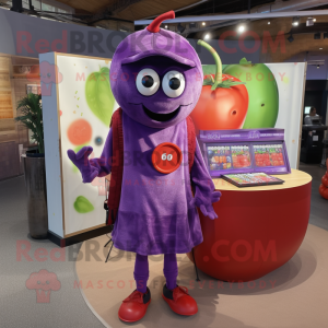 Purple Tomato mascot costume character dressed with a Cover-up and Coin purses